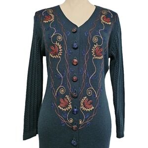 Vintage Carole Little Embroidered Green Button Front Midi Sweater Dress Size SP
